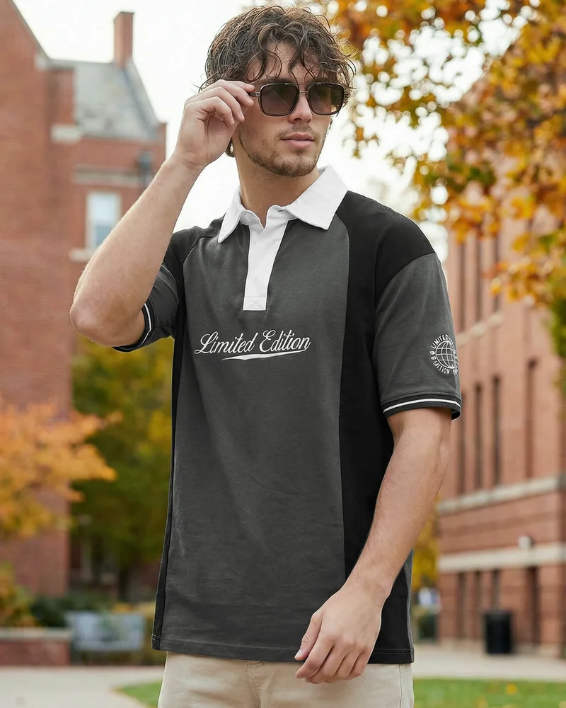 بيواكوف Men's Dark Shadow Grey & Black Color Block Oversized Polo T-shirt